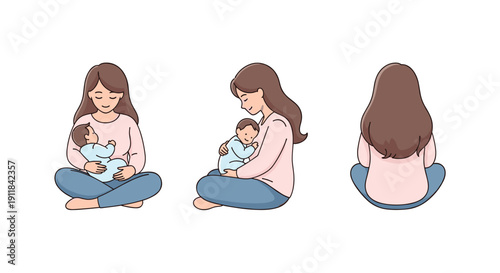 Adorable cartoon set: loving mother sitting cradling baby front side and back views radiating warmth and maternal tenderness, Generative AI.