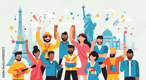 Diverse group of people celebrating global unity and cultural diversity with world landmarks in the background.