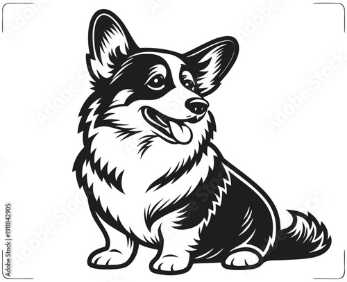 Cute corgi dog vector illustration in clean black and white line art