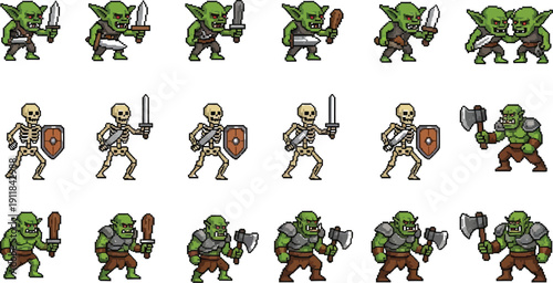 Collection of various pixel art fantasy creatures including goblins skeletons and orcs holding different types of medieval weaponry for game development projects