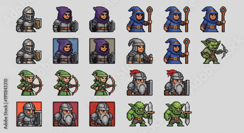 Collection of various pixel art fantasy game sprites featuring warriors mages elves dwarves and goblins for role playing