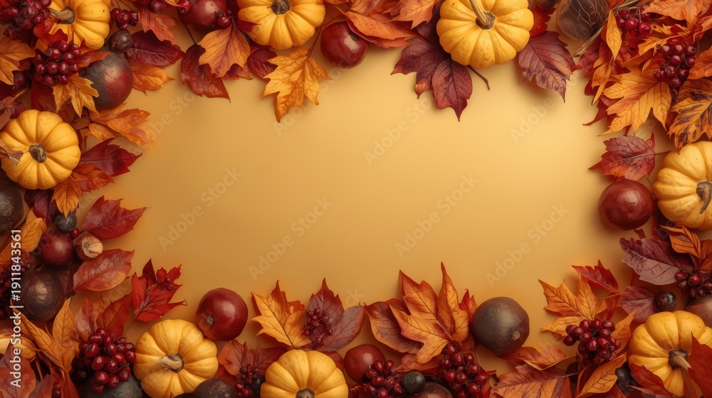 Fototapeta premium A beautiful autumn wreath made of various leaves, pumpkins, and acorns.