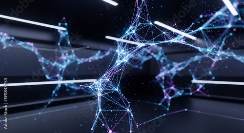 3D render of a glowing abstract network of connected lines and nodes in a futuristic digital space, symbolizing data and connection.