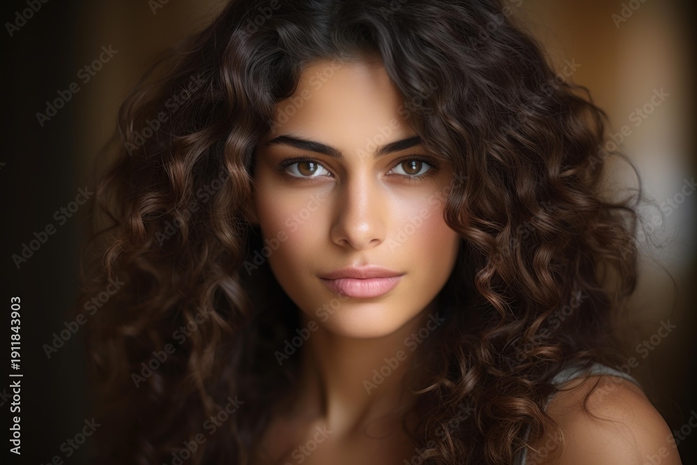 Naklejka premium Beautiful young woman with long curly brown hair looking directly at camera