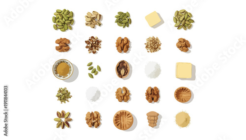 Deconstructed Recipe for Success: Analyzing Core Organic Components and Diverse Ingredients in a Structured Flat Lay Grid