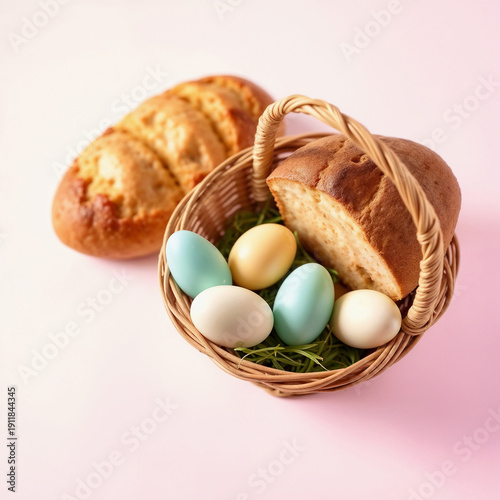 Easter basket with pastel colored eggs and sweet bread on a pink background
