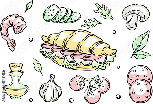 set hearty croissant with ham, tomatoes, mushrooms, garlic, tomato, shrimp