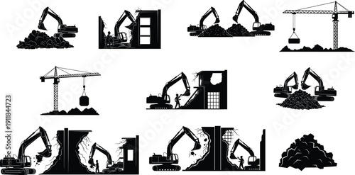 Industrial Construction Site Silhouette Featuring Excavators Demolishing Buildings and Cranes Moving Debris for Urban Renewal and Site Clearance Vector Illustration