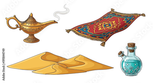 A magic lamp flying carpet sand dunes and potion bottle illustration