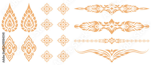 Thai decorative elements golden lotus flame motifs Kanok patterns, elegant floral ornament collection for luxury cultural branding packaging design