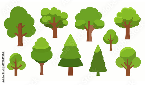 Cute Cartoon Green Trees Vector Illustration Set Playful Forest Collection
