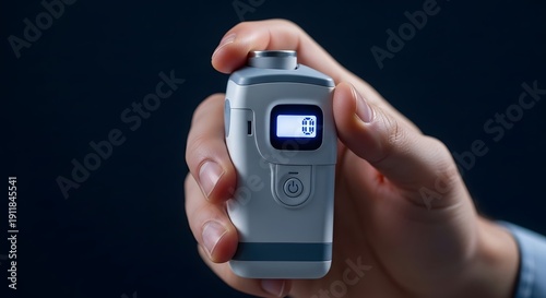 Wallpaper Mural Close up of a hand holding a sleek, modern digital counter or measurement device with a bright glowing display, showing a '0' value on a dark background Torontodigital.ca