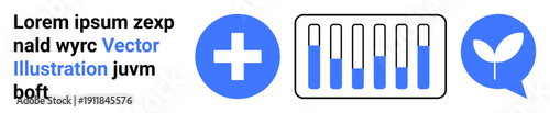 Medical cross, test tubes showing fluid levels, and plant growth icon in a blue and white color palette. Ideal for health, sustainability, research, innovation, environment, medicine and simple