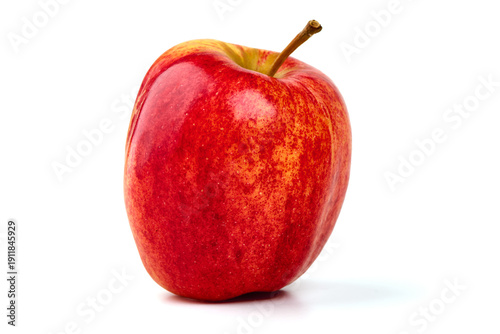 Shiny red apple with a sturdy stem, isolated on white background.