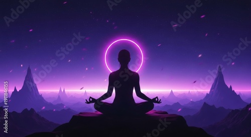 Meditating Silhouette with Neon Aura in Purple Night Landscape – Spiritual Zen Concept