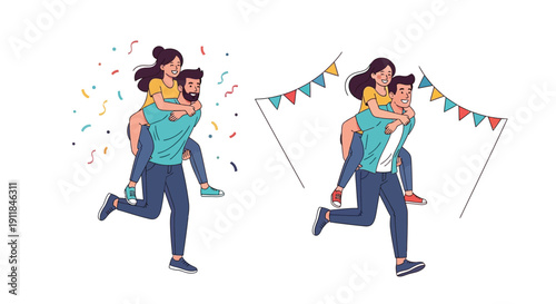 Couple playfully running with a piggyback ride celebrating with confetti and flags