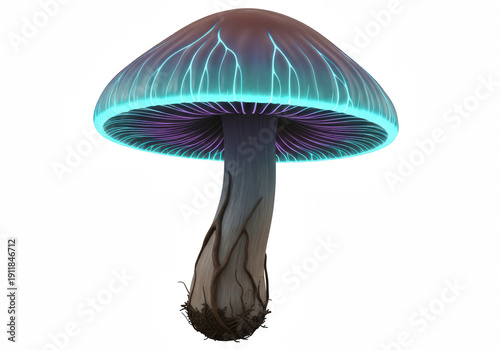 Glowing blue and purple mushroom with vibrant gills
