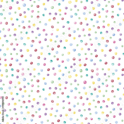Seamless watercolor polka dot pattern. Playful and versatile vector pattern of scattering of hand-painted watercolor polka dots in a variety of soft colors, including blush pink, lavender, mint green