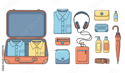Illustrated travel essentials: open suitcase, clothing, accessories, and toiletries