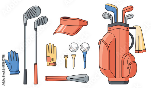 Golf equipment set with clubs, bag, gloves, balls, tees, and visor