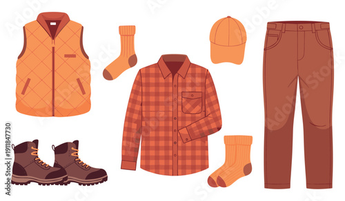 Autumn outdoor clothing collection: plaid shirt, hiking boots, orange vest, and accessories