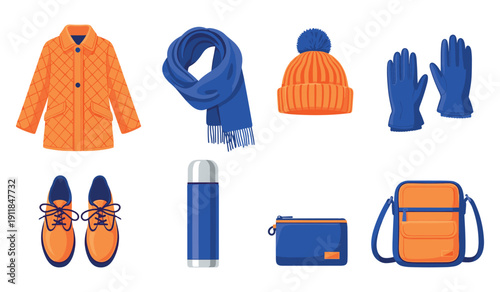 Winter clothing and accessories: orange jacket, blue scarf, hat, gloves, shoes