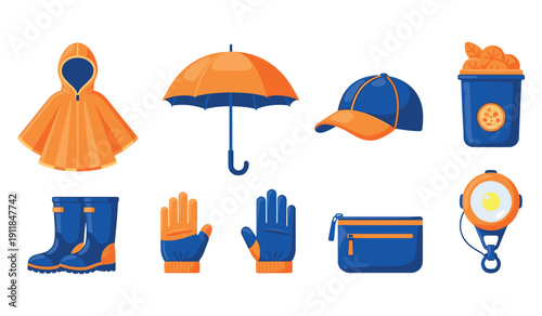 Collection of colorful rain gear and accessories on white background