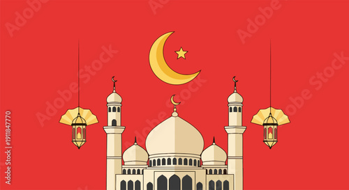 Illustration of a mosque with crescent moon and lanterns against a red background viewed from the front
