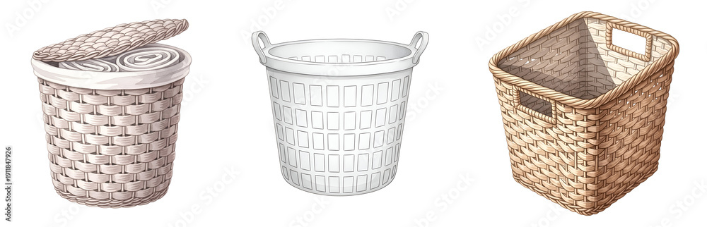 Obraz premium Three wicker baskets on transparent background for storage and organization needs