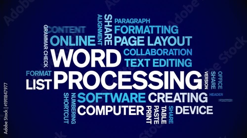 Word Processing animated word cloud-text design animation tag kinetic typography seamless loop.