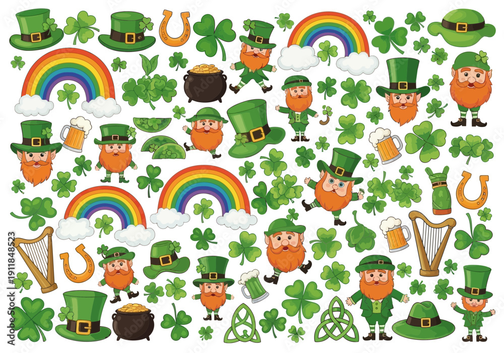 Fototapeta premium St patricks day theme collage with leprechauns and rainbows