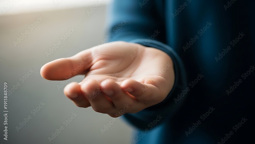 Naklejka premium Open palm reaching forward in soft light