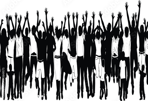 Diverse people crowd silhouette vector illustration group jumping celebration teamwork unity happy audience isolated black human banner graphic design