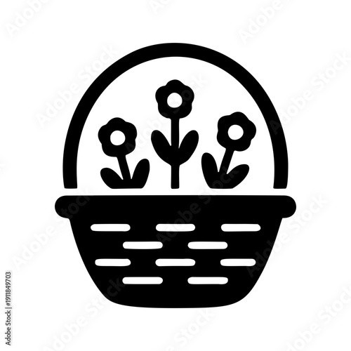 Floral Abundance: A charming, high-contrast silhouette presents a woven basket brimming with three stylized flowers, perfect for any project.