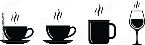 Hot drink and wine glass silhouette vector set featuring coffee cup, mug and beverage isolated on white background illustration collection