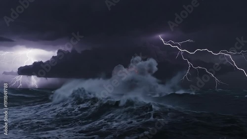 Dramatic lightning strike illuminates stormy dark ocean waves at night