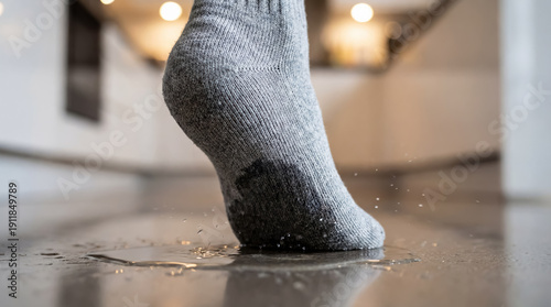 Close-up of a grey sock soaked from spilled water on a modern kitchen floor. A metaphor for irritation and minor failures in a person's everyday life