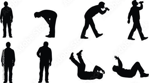 Man silhouette collection vector illustration male standing drinking falling poses human character set isolated black people graphic design bundle