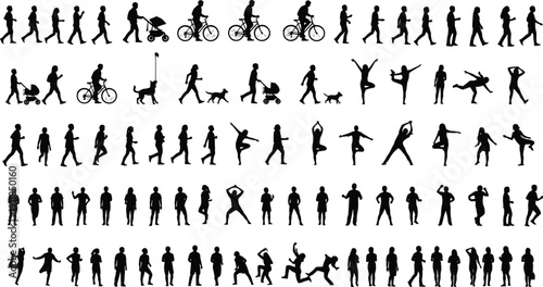 People walking, running, cycling and activity silhouette vector set isolated on white background human motion illustration collection for lifestyle, fitness, and daily activities