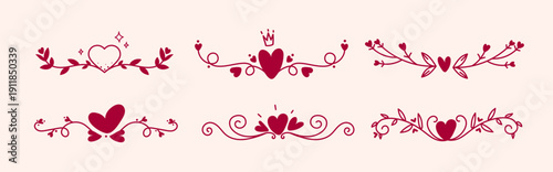 Red heart floral ornament set with romantic decorative swirls for Valentine cards, wedding invitations, posters, branding, packaging, web and print design, postcards, and banners. Vector illustration