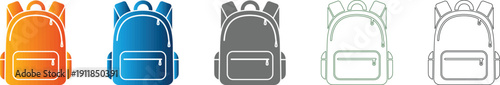 Backpack icon set for travel and school, flat design vector illustration