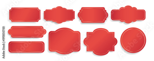 Vintage label and badge set with golden frames on a red background in realistic style for branding, packaging, price tags, stickers, web banners, advertising, print design, labels. Vector illustration