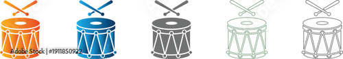 Drum and Drumsticks Icon Set Flat Design Vector Illustration