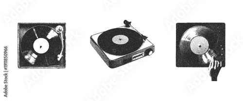 Vintage music devices with vinyl record with photocopy effect. Grunge punk dotted stickers for collage, poster, print, music cove. Vector.