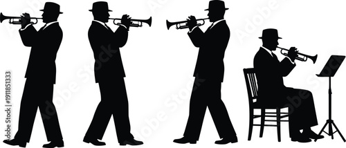 Jazz Trumpet Player Silhouette Set, Vector Musician in Fedora Hat Performing Classical Music, Trumpeter Character Icons, Live Jazz Band Entertainment
