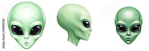 Three green alien heads with large black eyes on transparent background