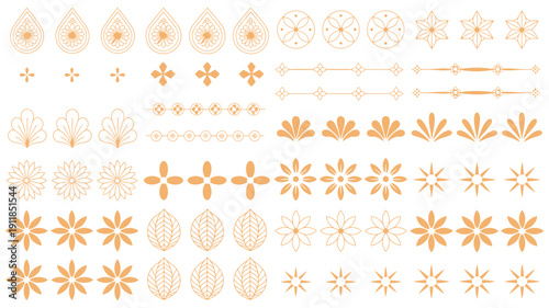 Thai Decorative Graphic Elements Set, Golden Lotus, Kanok and Flame Motifs, Floral Ornaments, Traditional Thai Style for Luxury Cultural Design, Borders, Dividers