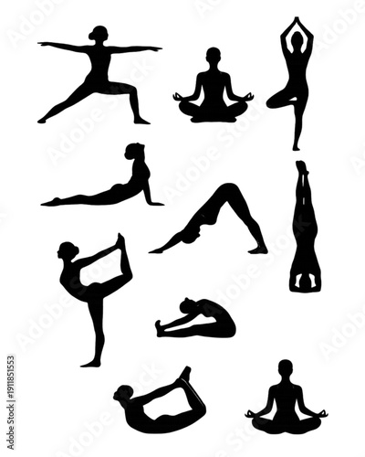 Yoga Pose Silhouette Set Meditation and Fitness Poses on Transparent Background