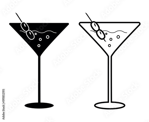 Martini glass icon. Black or white silhouette martini, isolated on white background. linear illustration, logo for bar, hand drawn artwork. Alcoholic drinks. Vector illustration.