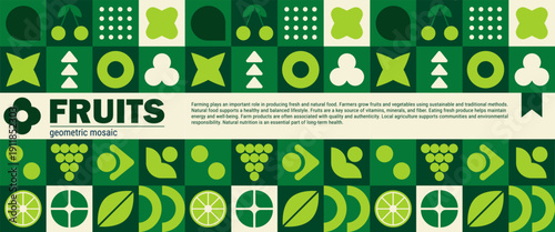Geometric fruit and leaf mosaic for organic farm background pattern.